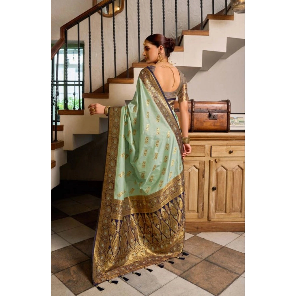 Women's Silk Blend Booti Work Ready To Wear Saree — Seagreen