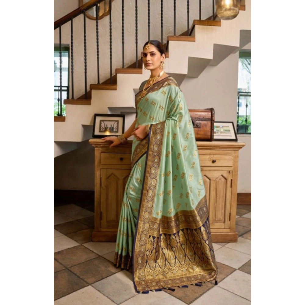 Women's Silk Blend Booti Work Ready To Wear Saree — Seagreen