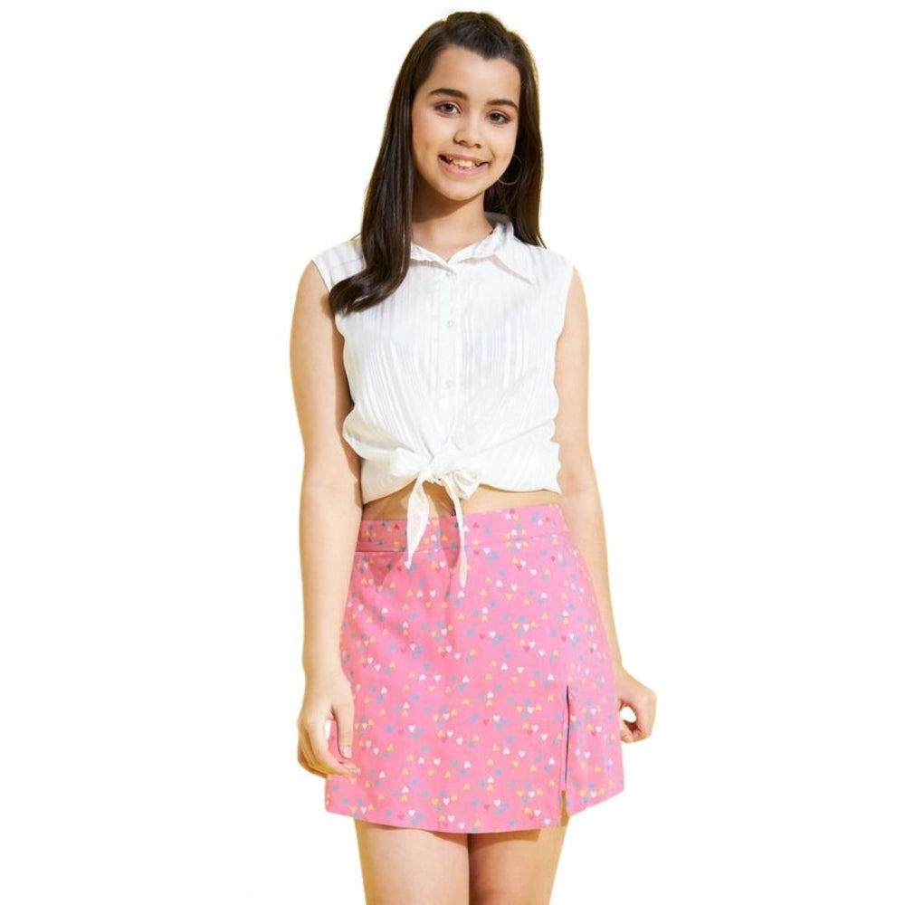 Girl's Lurex Printed Sleeveless Skorts Set — White-Pink