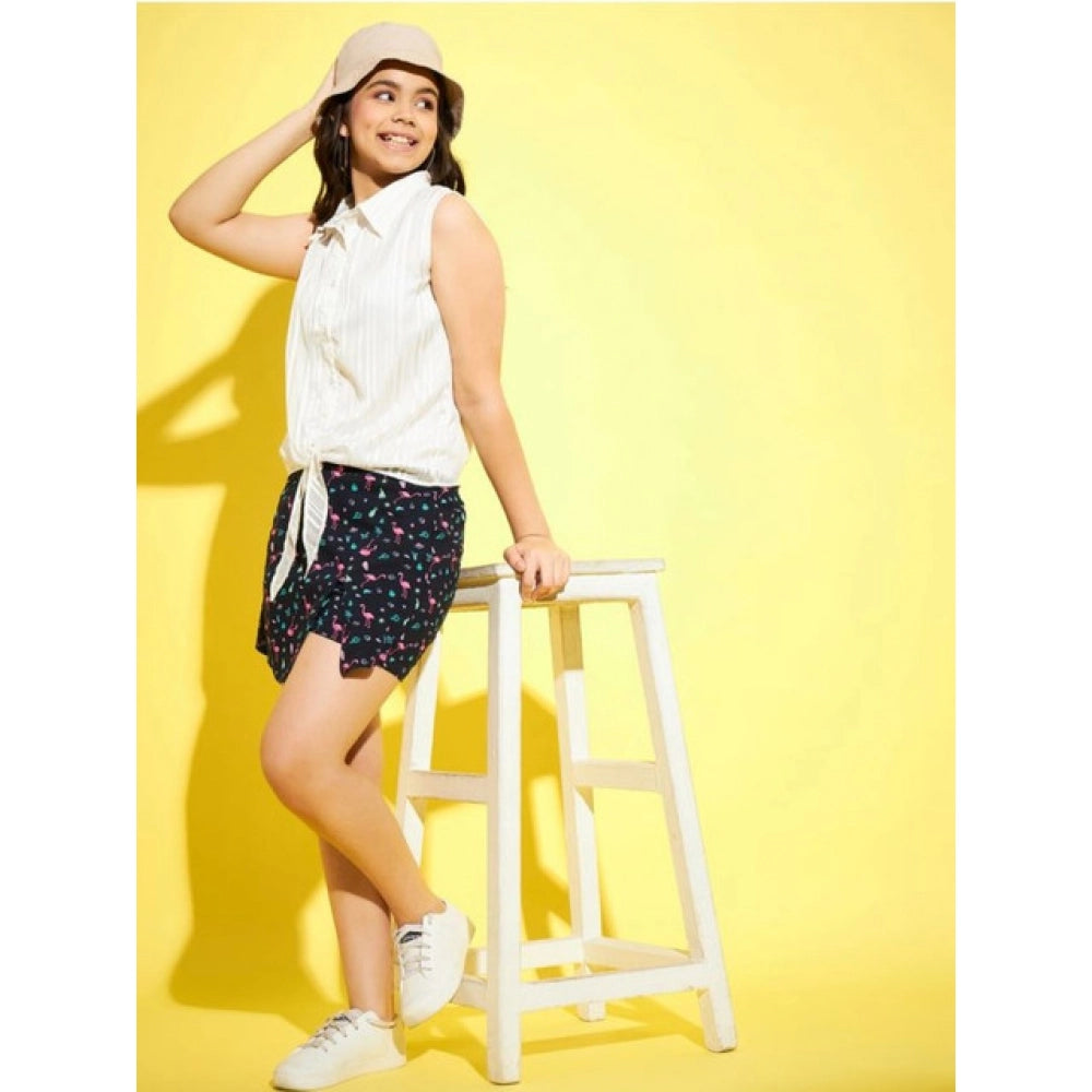 Girl's Lurex Printed Sleeveless Top Set — White-Navy