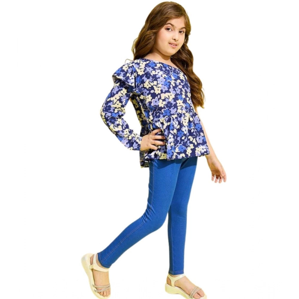 Girl's Floral One Shoulder Jeggings Set — Blue