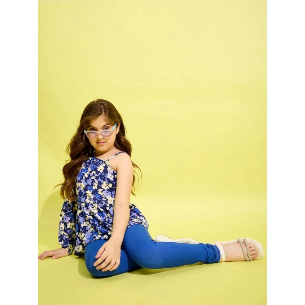 Girl's Floral One Shoulder Jeggings Set — Blue