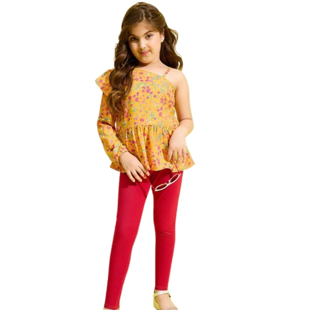 Girl's Floral One Shoulder Jeggings Set — Yellow-Red