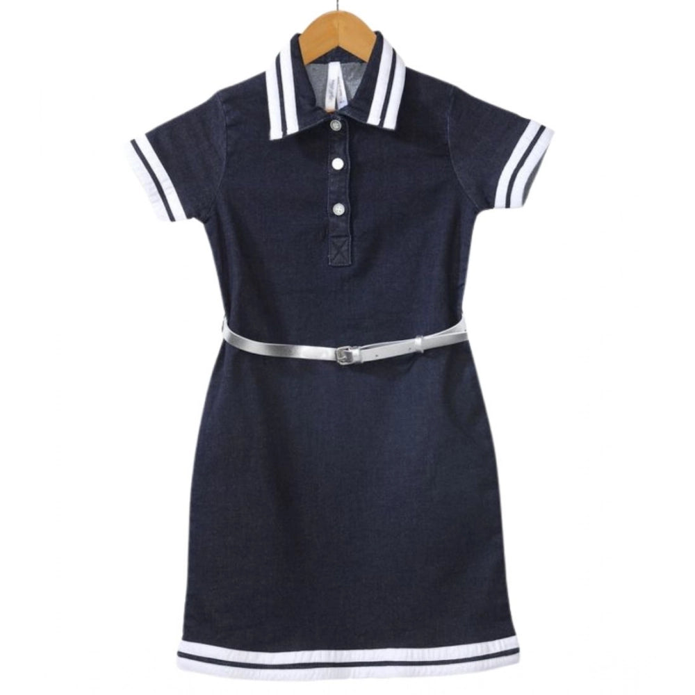 Girl's Denim Lycra Ribbed Elasticated Dress — Navy Blue-White