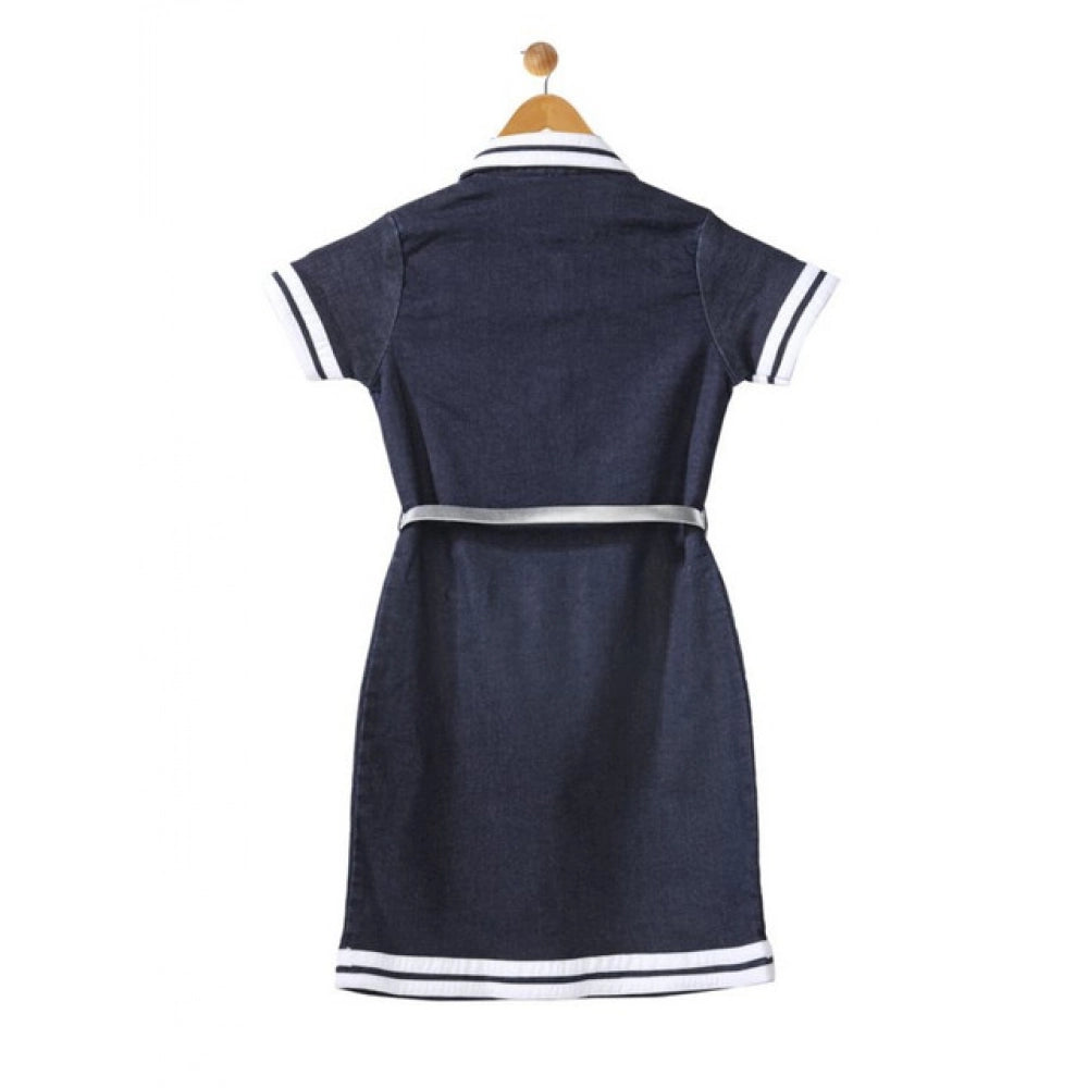 Girl's Denim Lycra Ribbed Elasticated Dress — Navy Blue-White