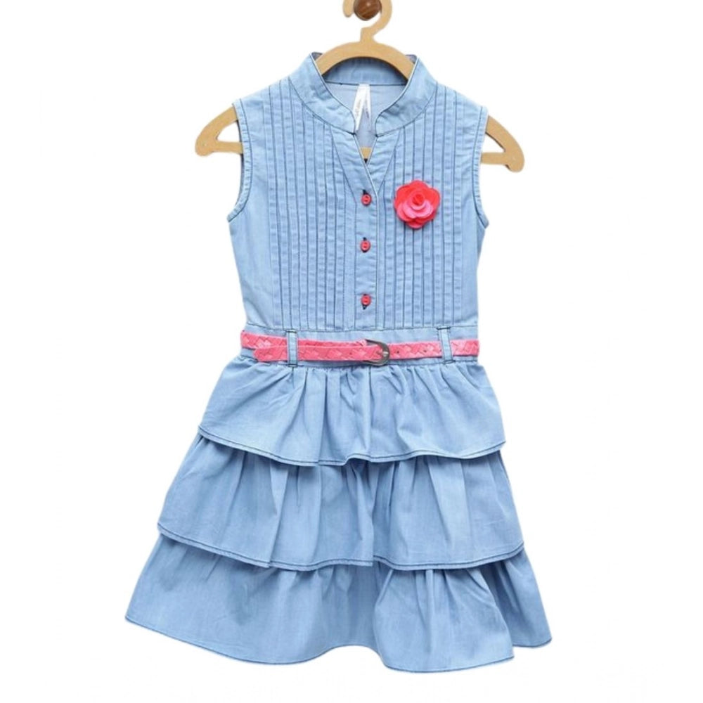 Girl's Denim Embellished Sleeveless Dress — Light Blue