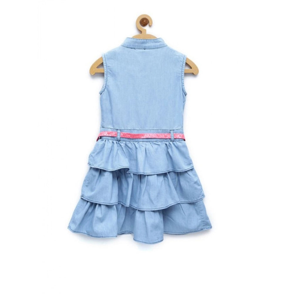 Girl's Denim Embellished Sleeveless Dress — Light Blue