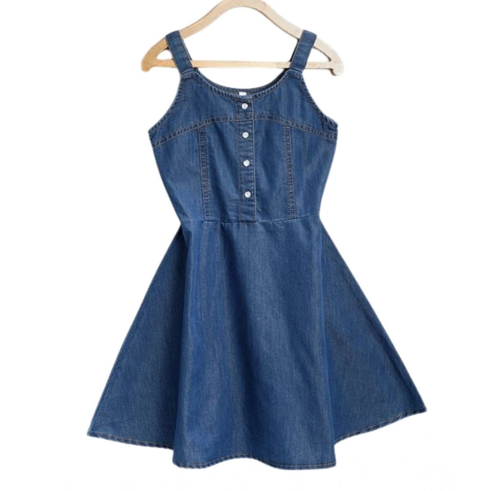 Girl's Denim Printed Short Sleeve Dress — Blue