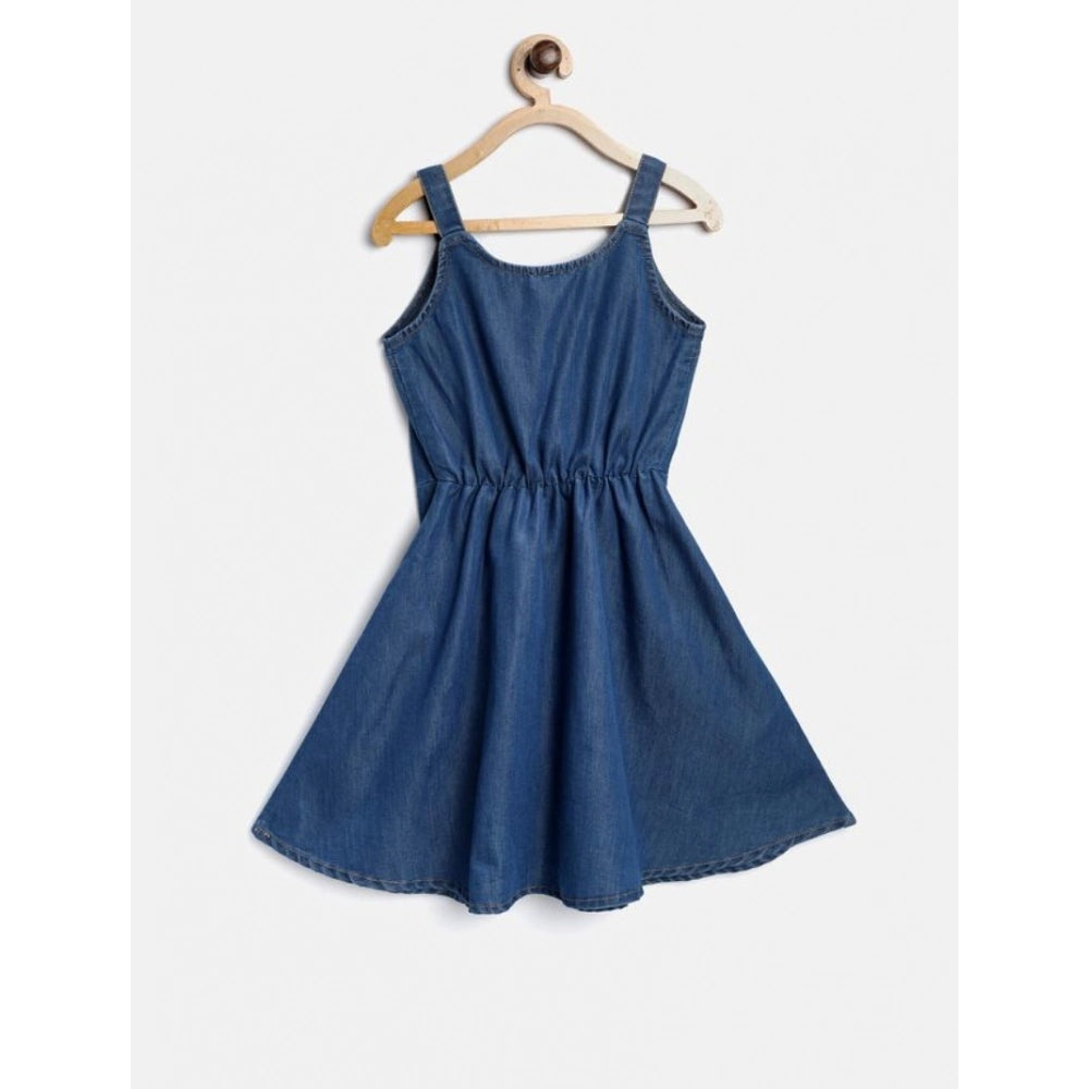 Girl's Denim Printed Short Sleeve Dress — Blue