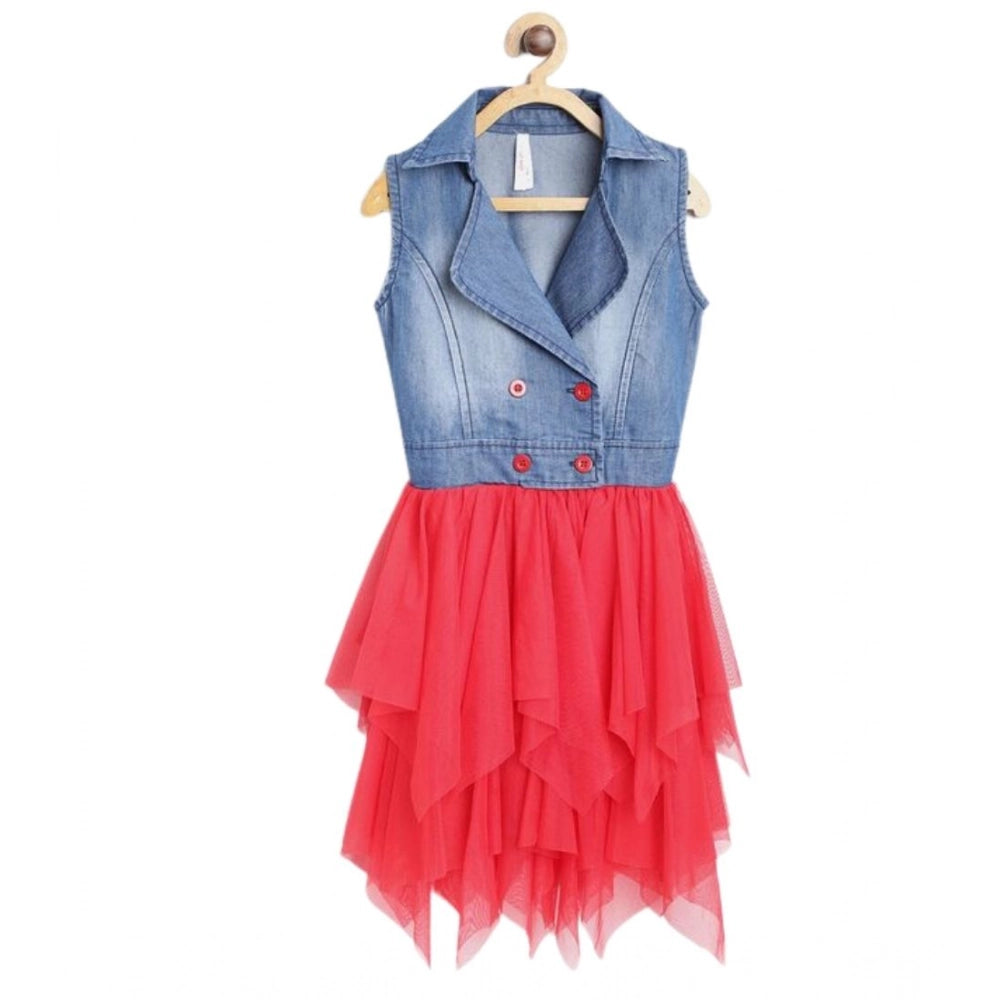 Girl's Denim Roll Up Buttoned Dress — Blue-Red
