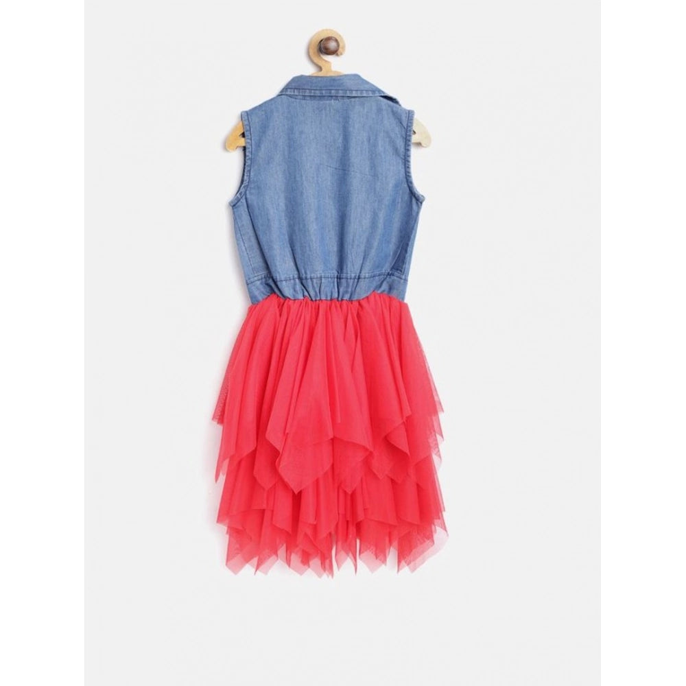 Girl's Denim Roll Up Buttoned Dress — Blue-Red