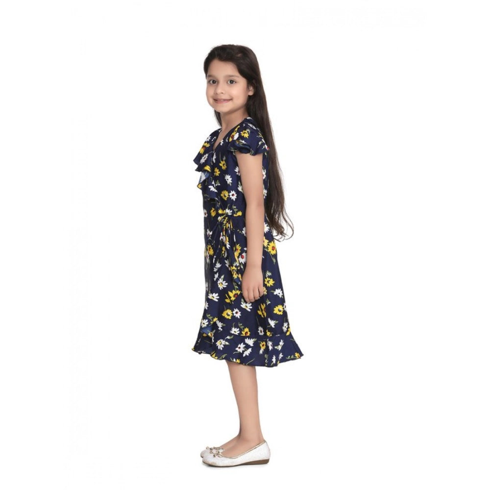 Girl's Crepe Polka Cold Shoulder Dress — Navy Blue