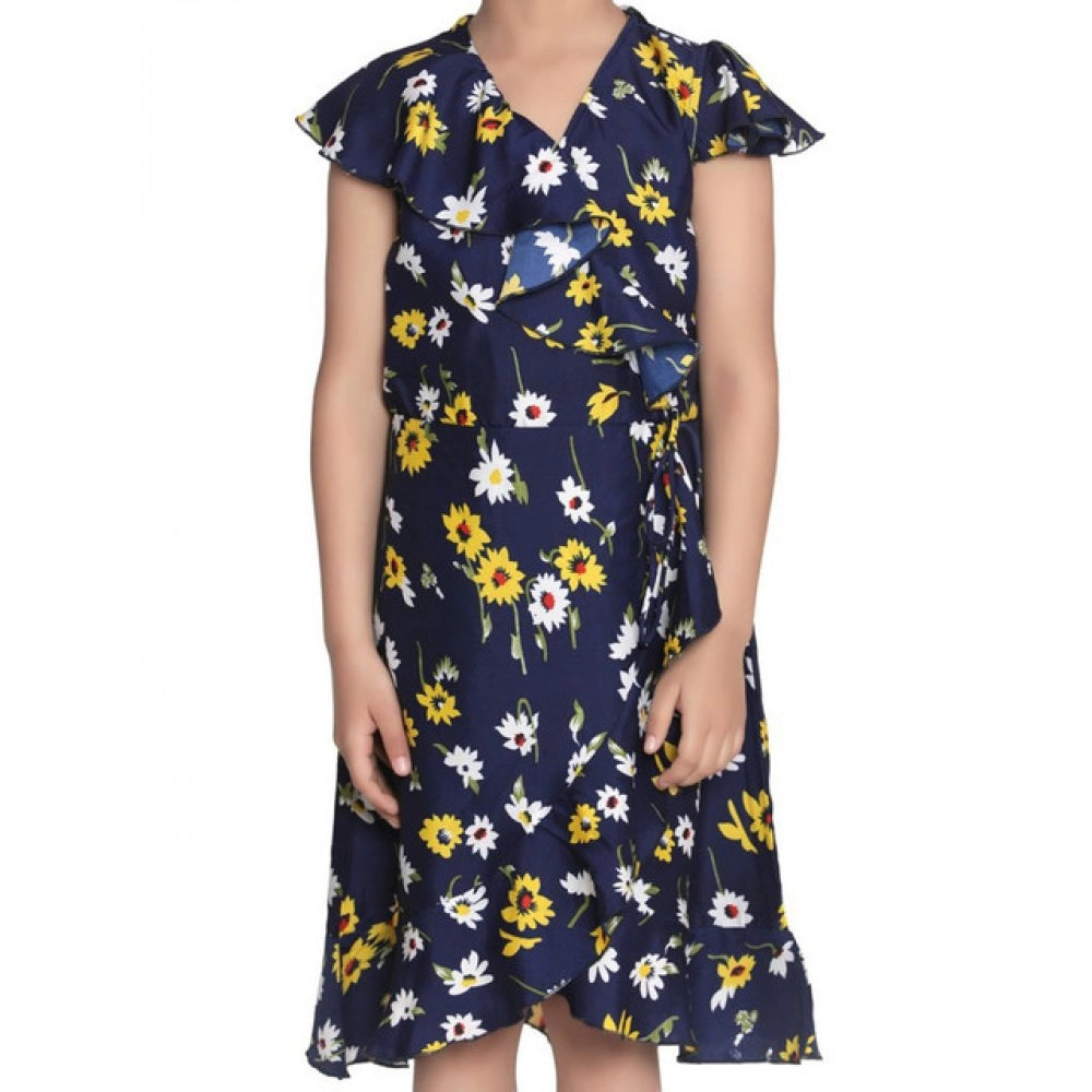 Girl's Crepe Polka Cold Shoulder Dress — Navy Blue