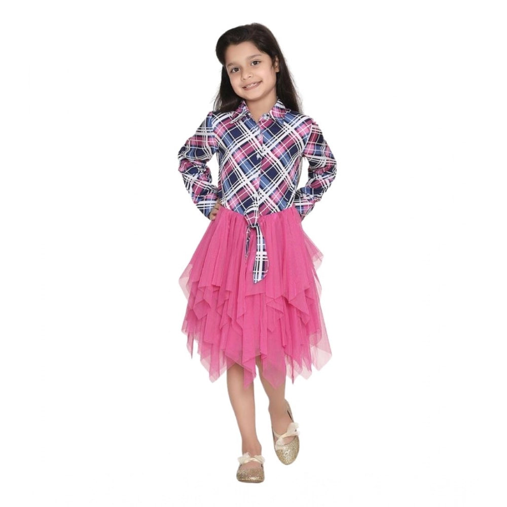 Girl's Polyster Crepe Lace Inserts Long Sleeves Dress — Pink-Blue