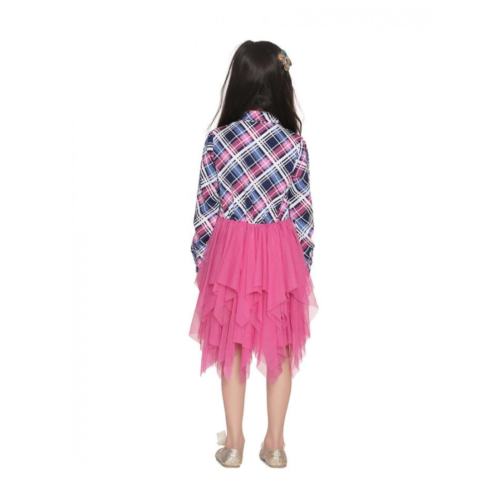 Girl's Polyster Crepe Lace Inserts Long Sleeves Dress — Pink-Blue