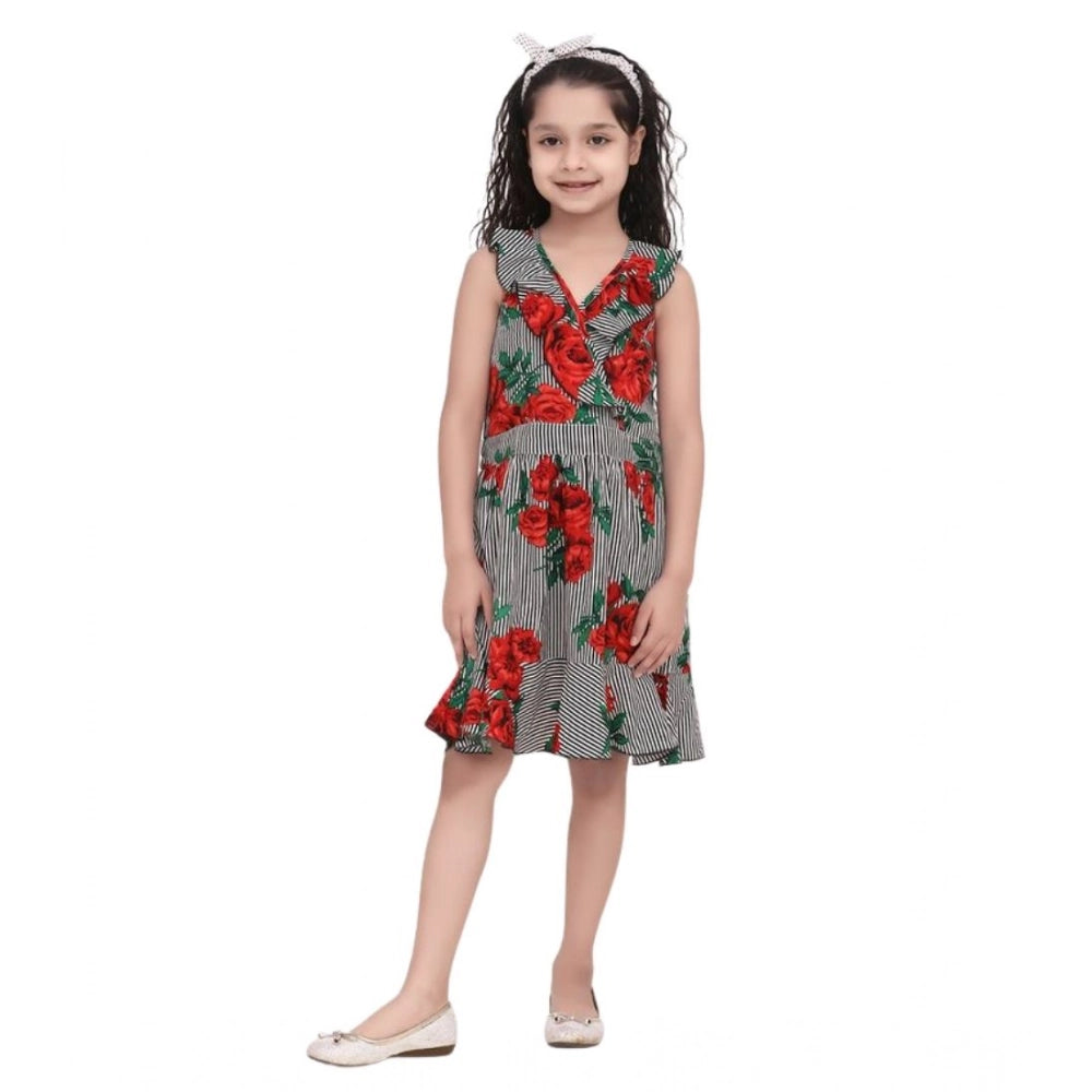 Girl's Crepe Floral Shoulder Straps Dress — Red