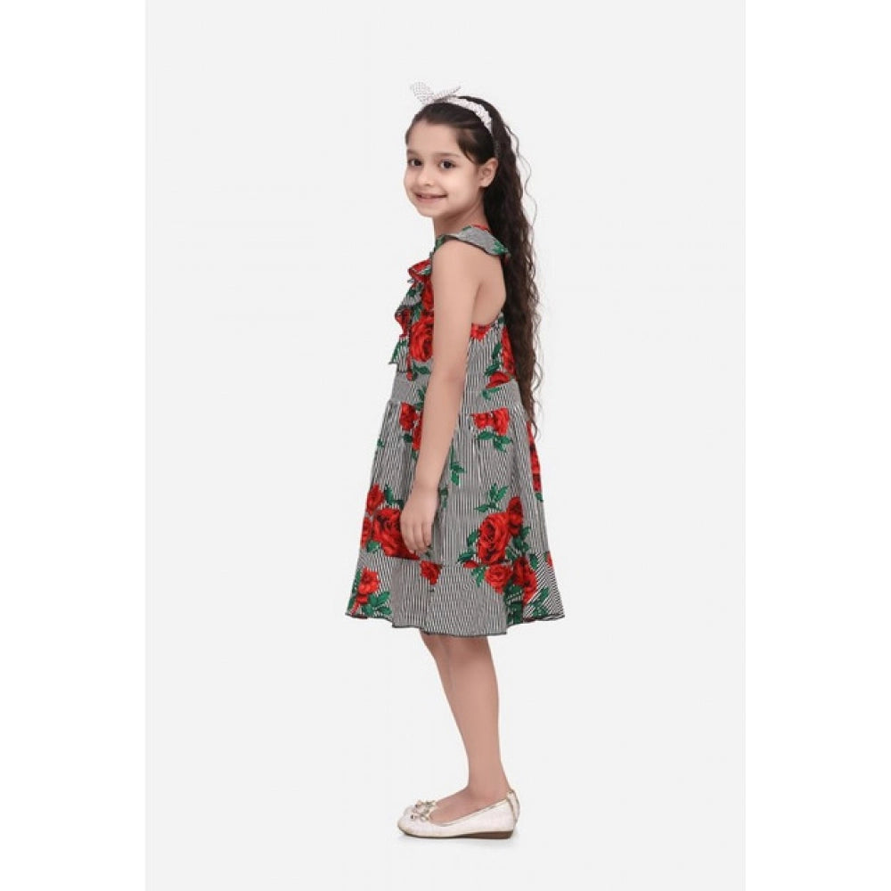 Girl's Crepe Floral Shoulder Straps Dress — Red