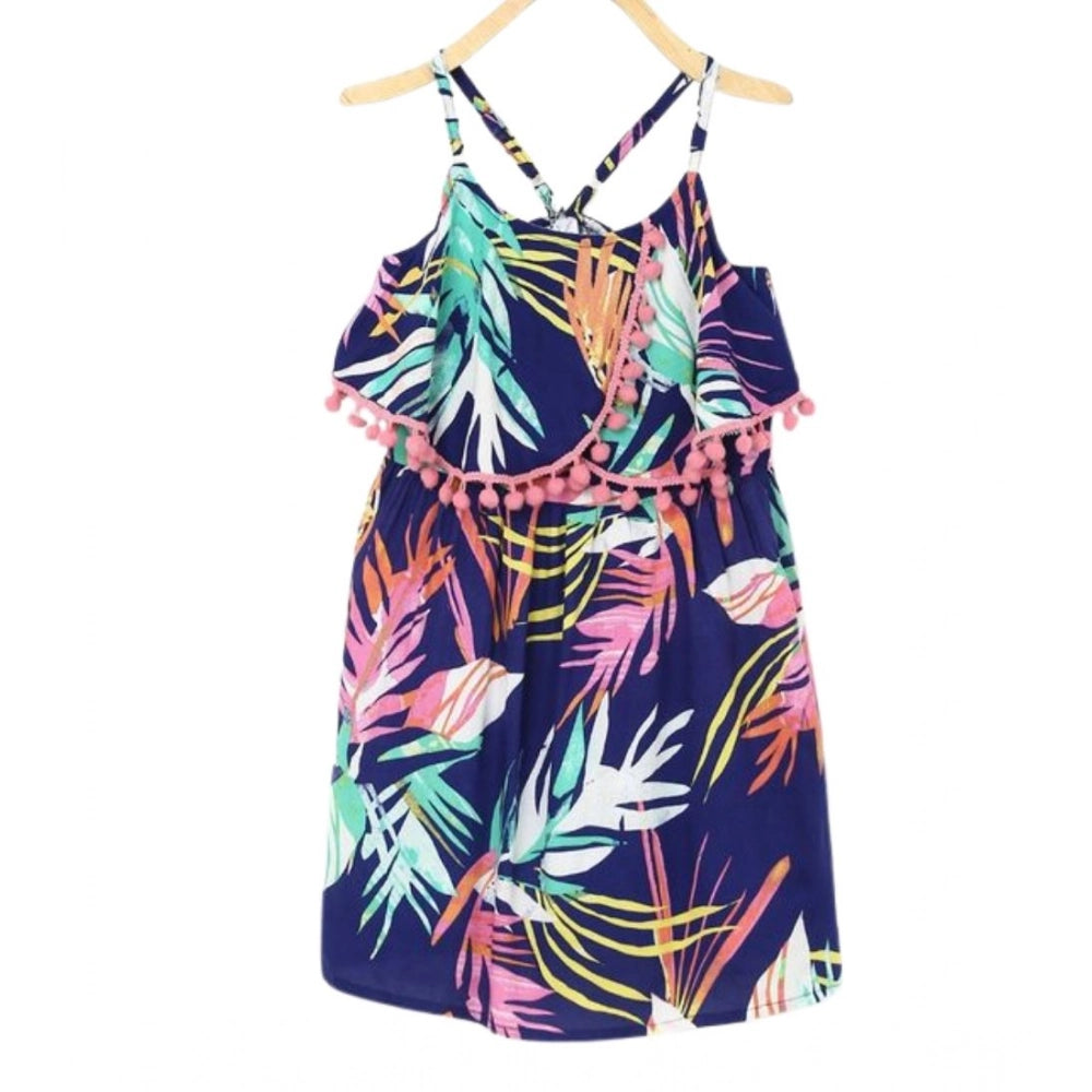 Girl's Rayon Printed Shoulder Straps Dress — Navy Blue