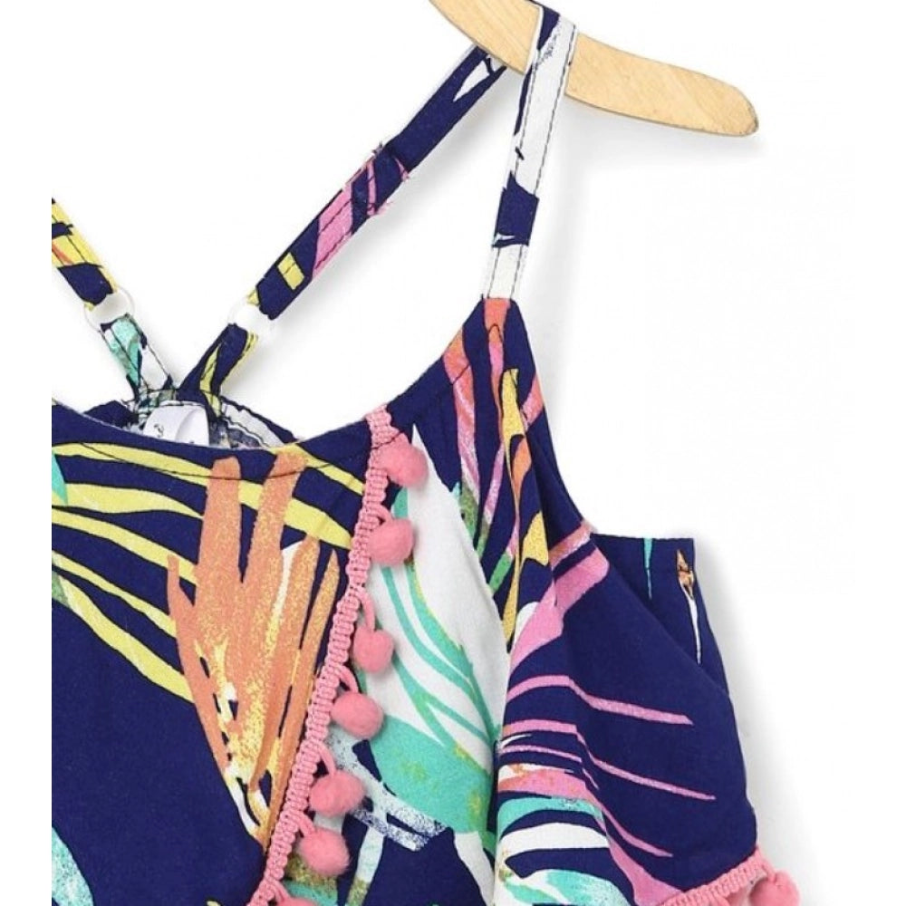 Girl's Rayon Printed Shoulder Straps Dress — Navy Blue