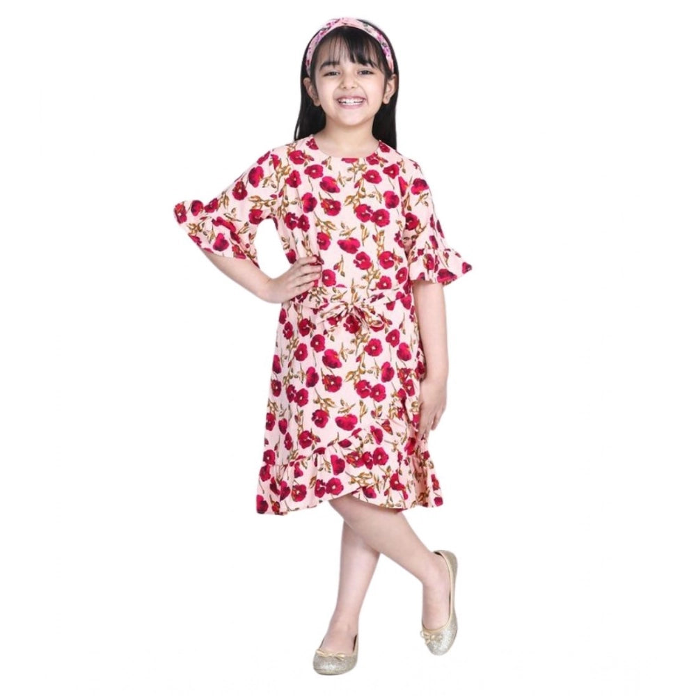 Girl's Crepe Floral Bell Sleeve Dress — Red-Pink