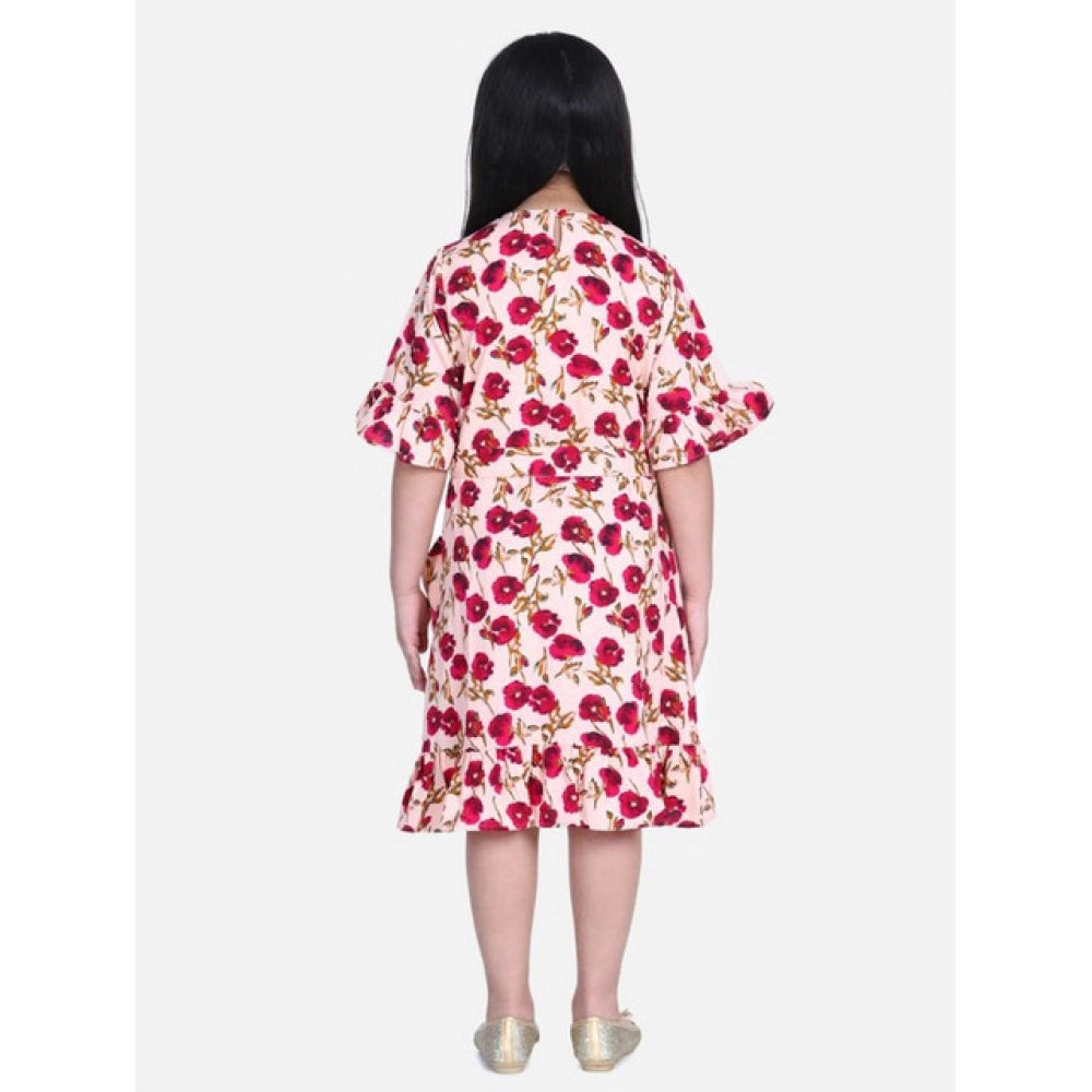 Girl's Crepe Floral Bell Sleeve Dress — Red-Pink