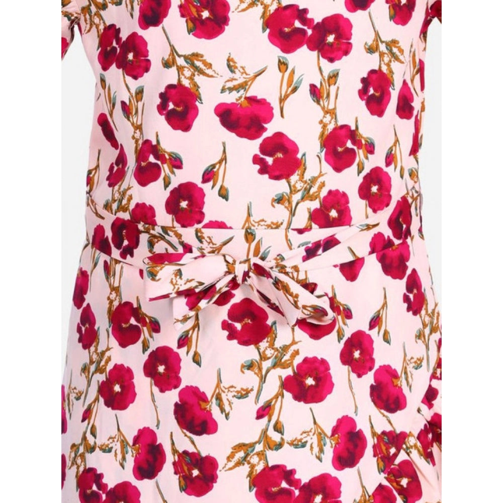 Girl's Crepe Floral Bell Sleeve Dress — Red-Pink