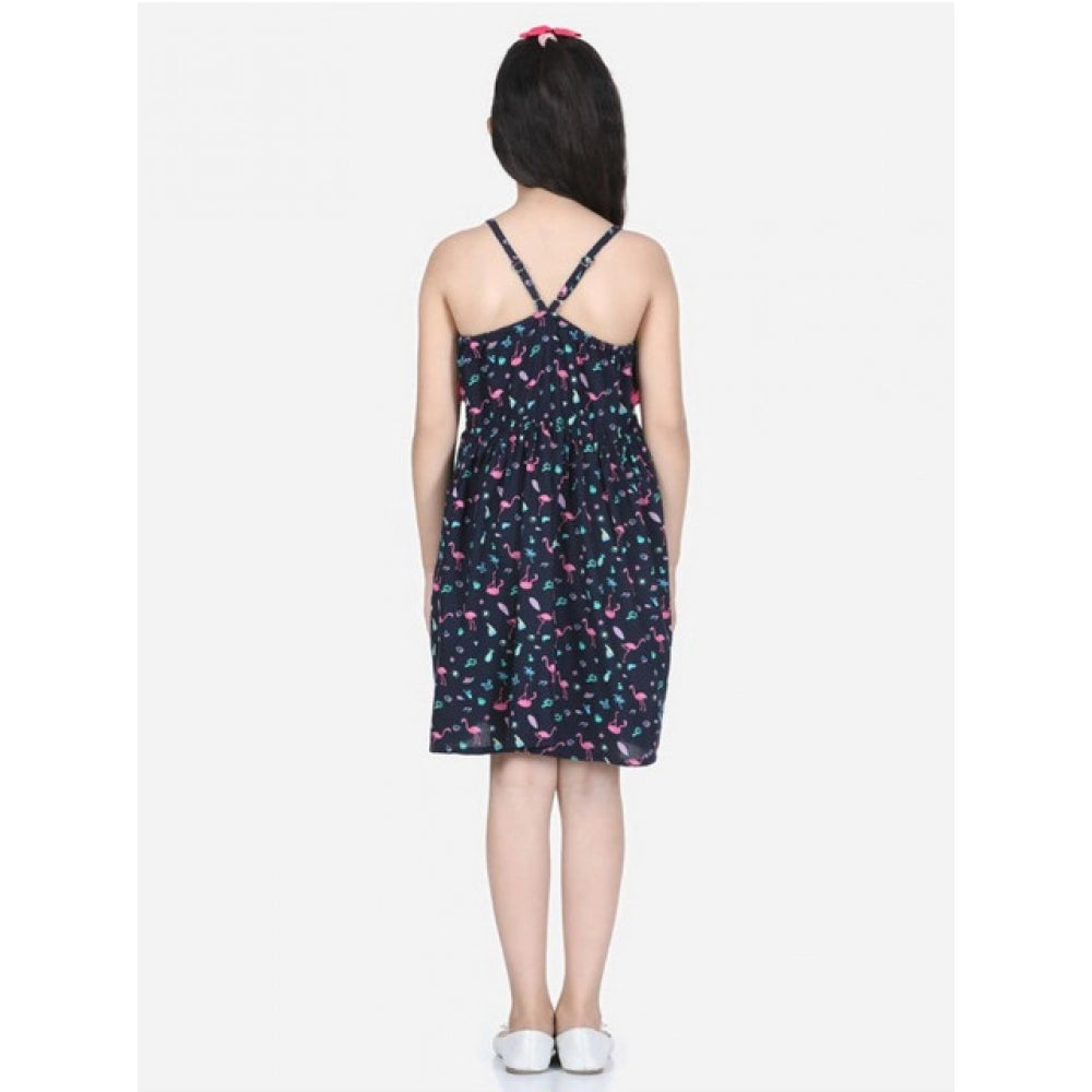 Girl's Rayon Flamingo Print Sleeveless Dress — Black