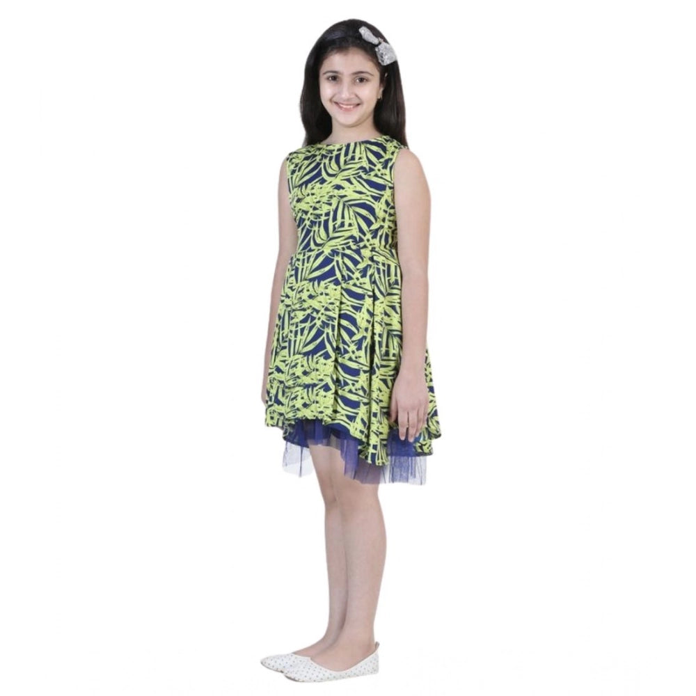 Girl's Crepe & Net Printed Sleeveless Dress — Yellow-Blue