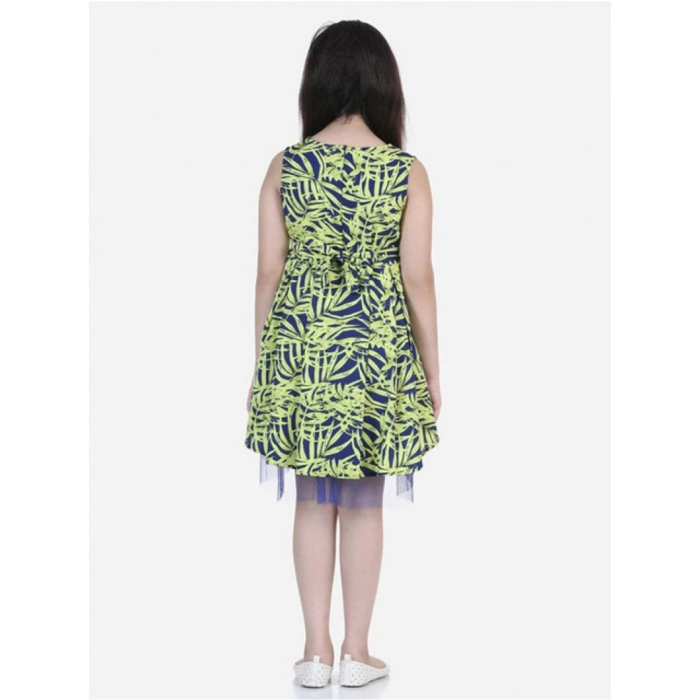 Girl's Crepe & Net Printed Sleeveless Dress — Yellow-Blue