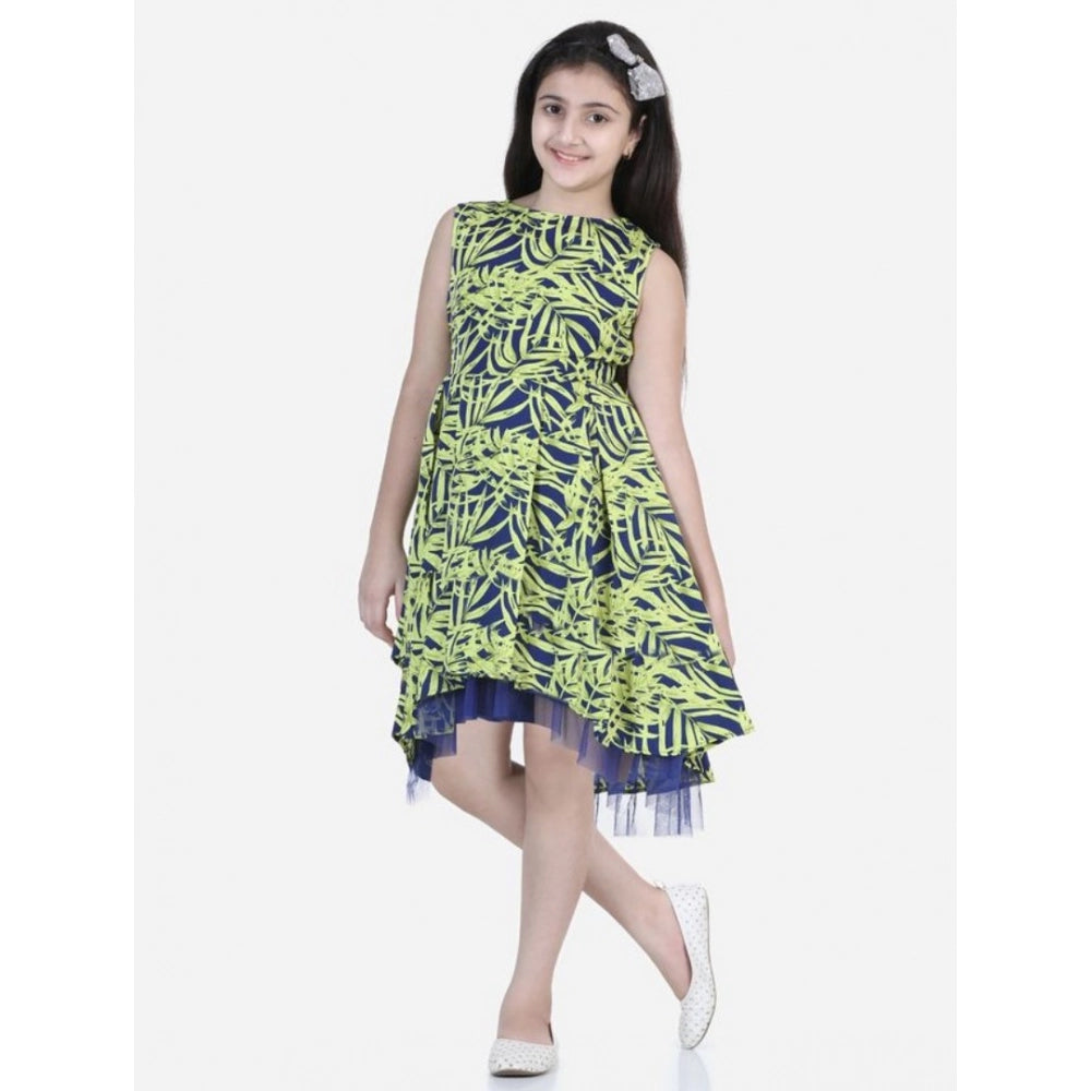 Girl's Crepe & Net Printed Sleeveless Dress — Yellow-Blue