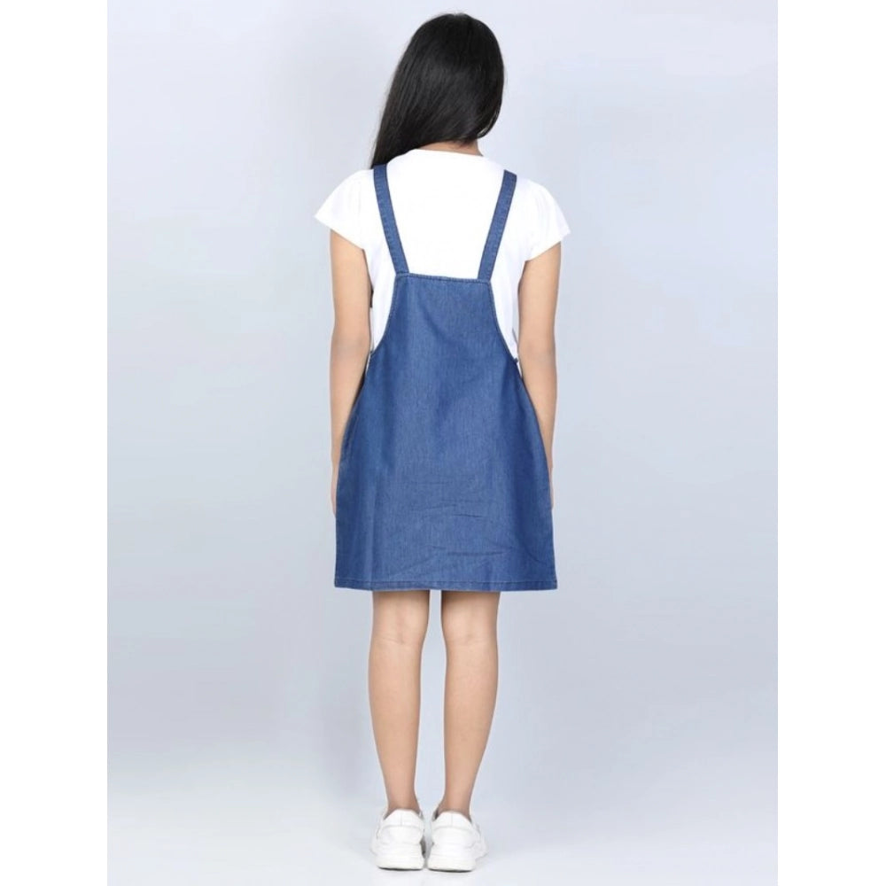 Girl's Denim Solid Sleeveless Dress — Blue