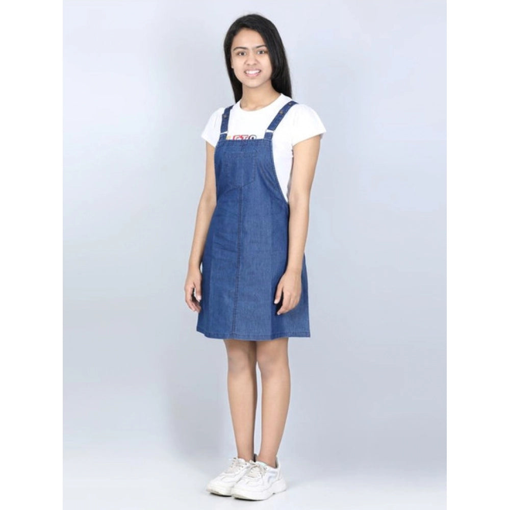 Girl's Denim Solid Sleeveless Dress — Blue