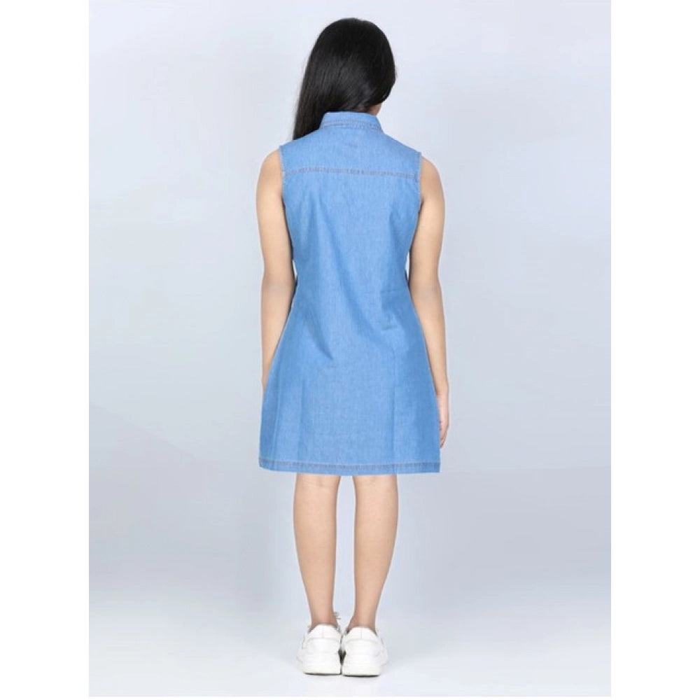 Girl's Denim Solid Cold Shoulder Dress — Blue
