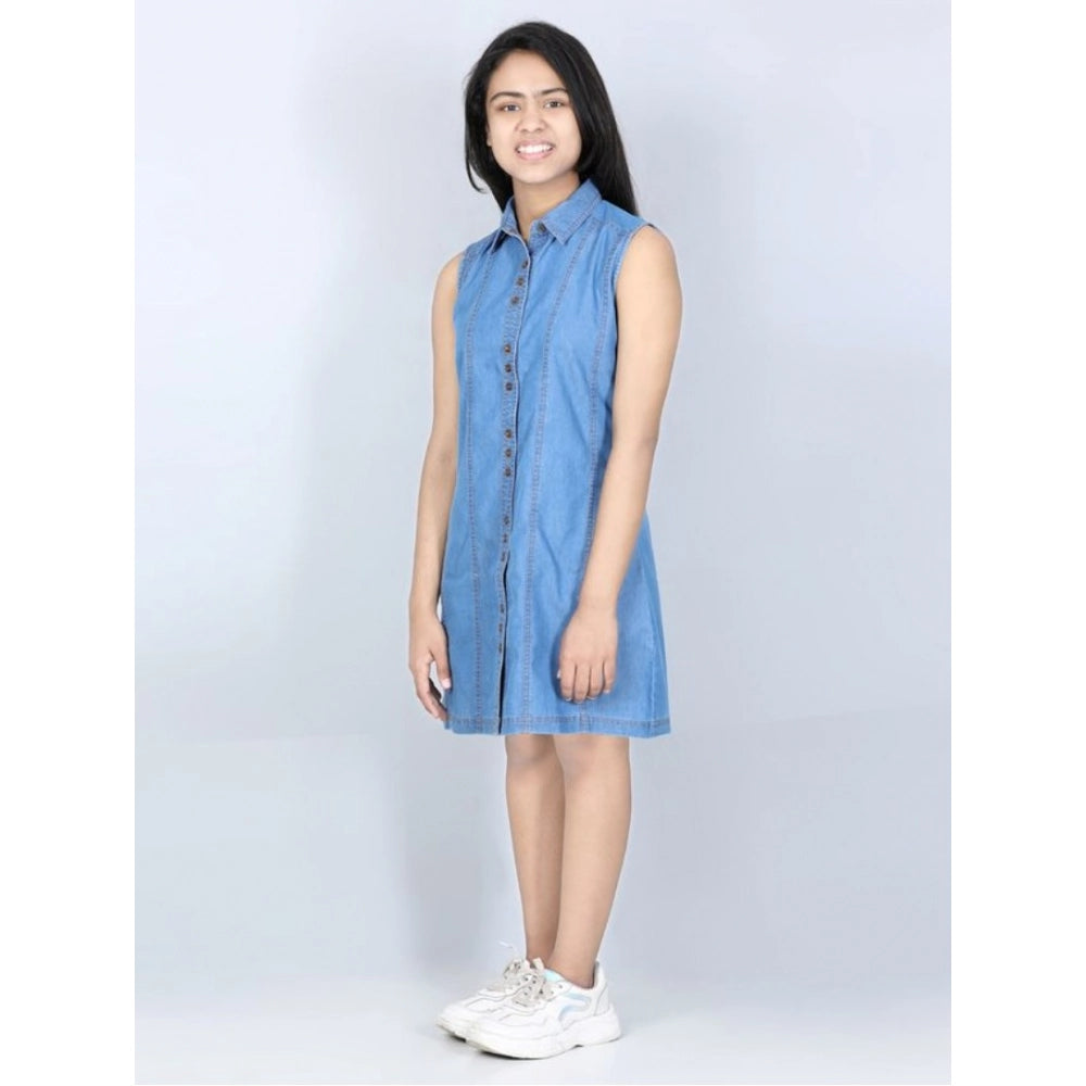 Girl's Denim Solid Cold Shoulder Dress — Blue