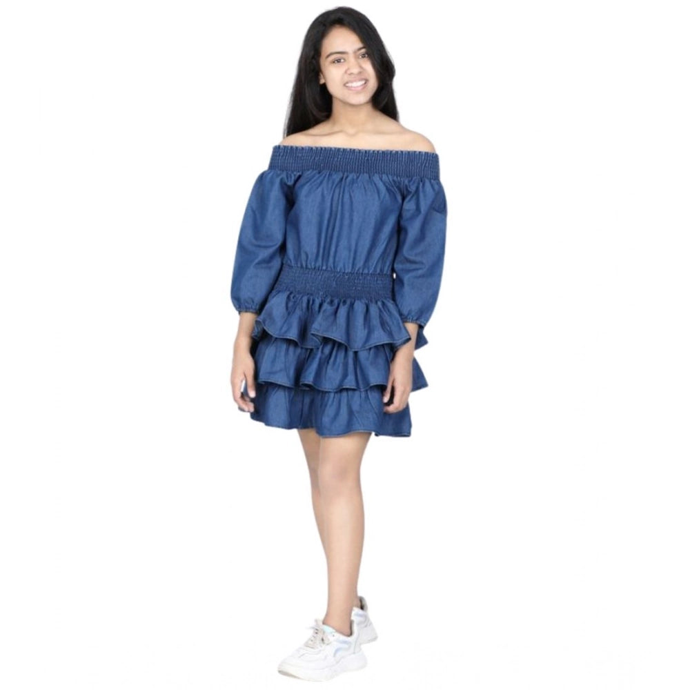 Girl's Denim Solid Off Shoulder Dress — Blue