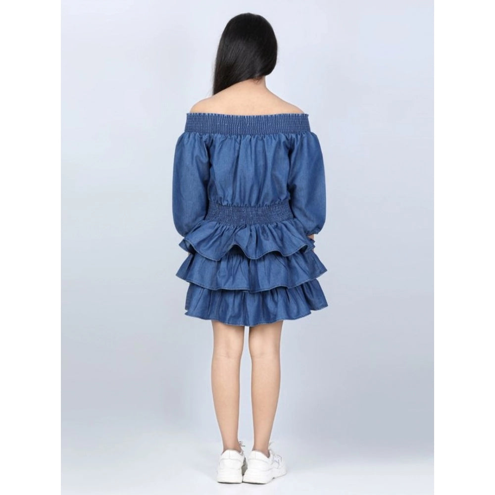 Girl's Denim Solid Off Shoulder Dress — Blue