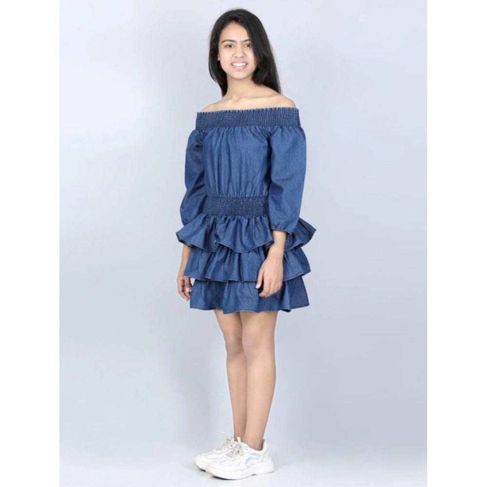 Girl's Denim Solid Off Shoulder Dress — Blue
