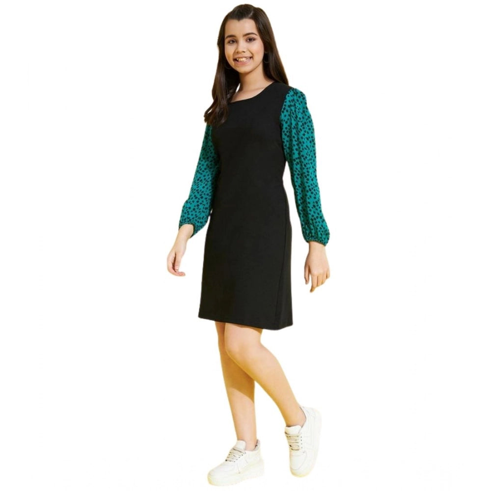 Girl's Printed Long Sleeves Dress — Black-Green
