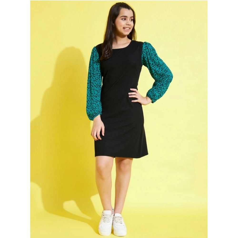 Girl's Printed Long Sleeves Dress — Black-Green