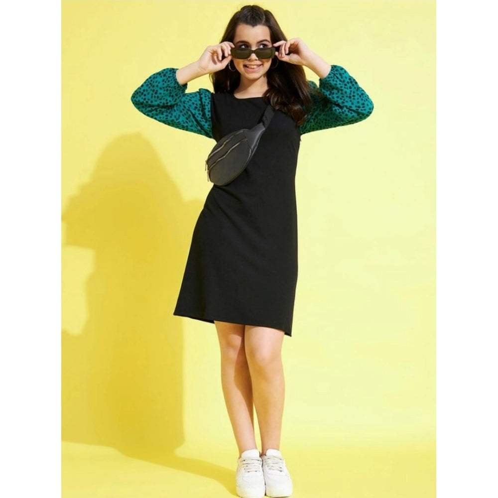 Girl's Printed Long Sleeves Dress — Black-Green