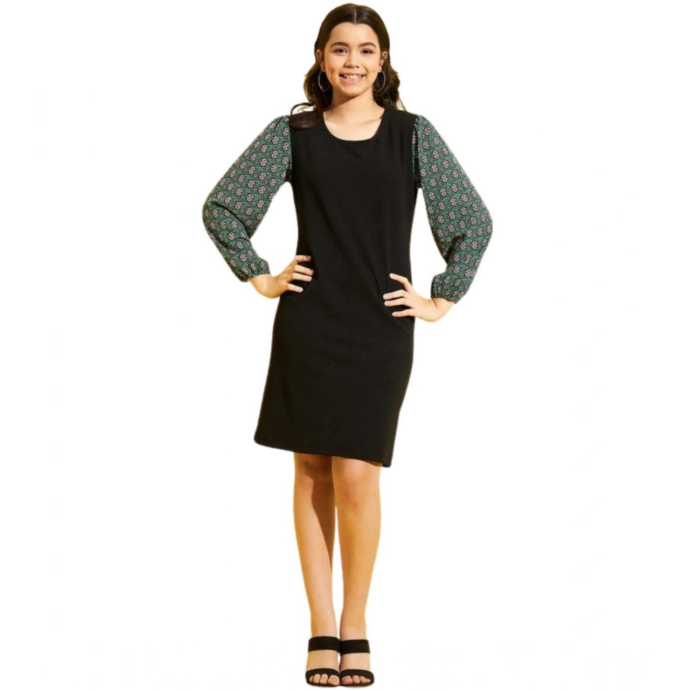 Girl's Lycra Printed Sleeveless Dress — Green-Black