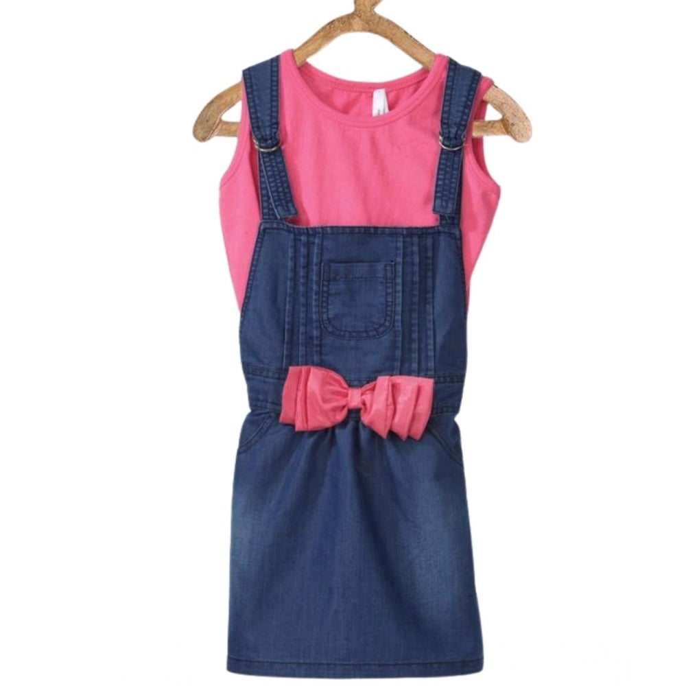 Girl's Denim & Cotton Bow Sleeveless Dungaree — Pink