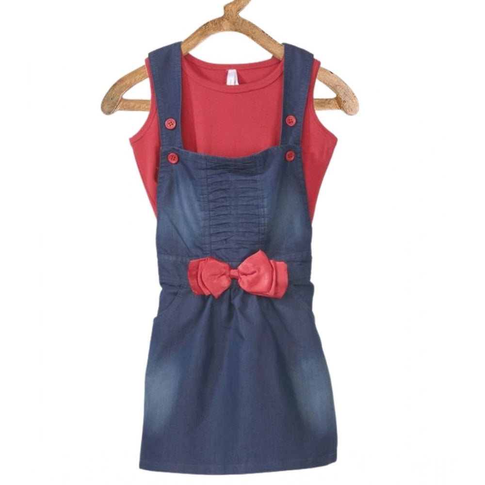 Girl's Denim & Cotton Bow Sleeveless Dungaree — Red