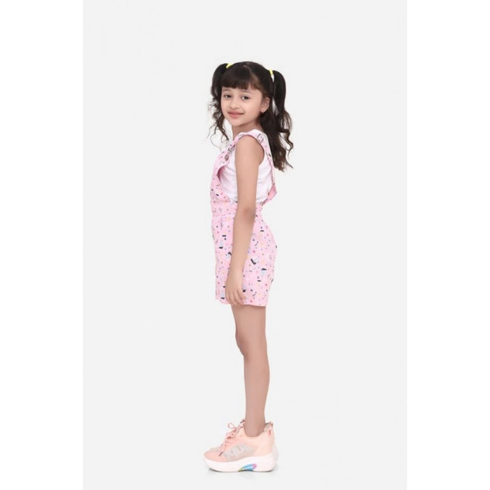Girl's Inner- Cotton Printed Sleeveless Dungaree — Light Pink