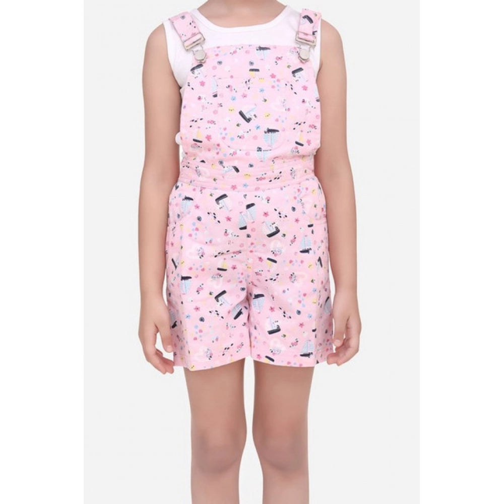 Girl's Inner- Cotton Printed Sleeveless Dungaree — Light Pink