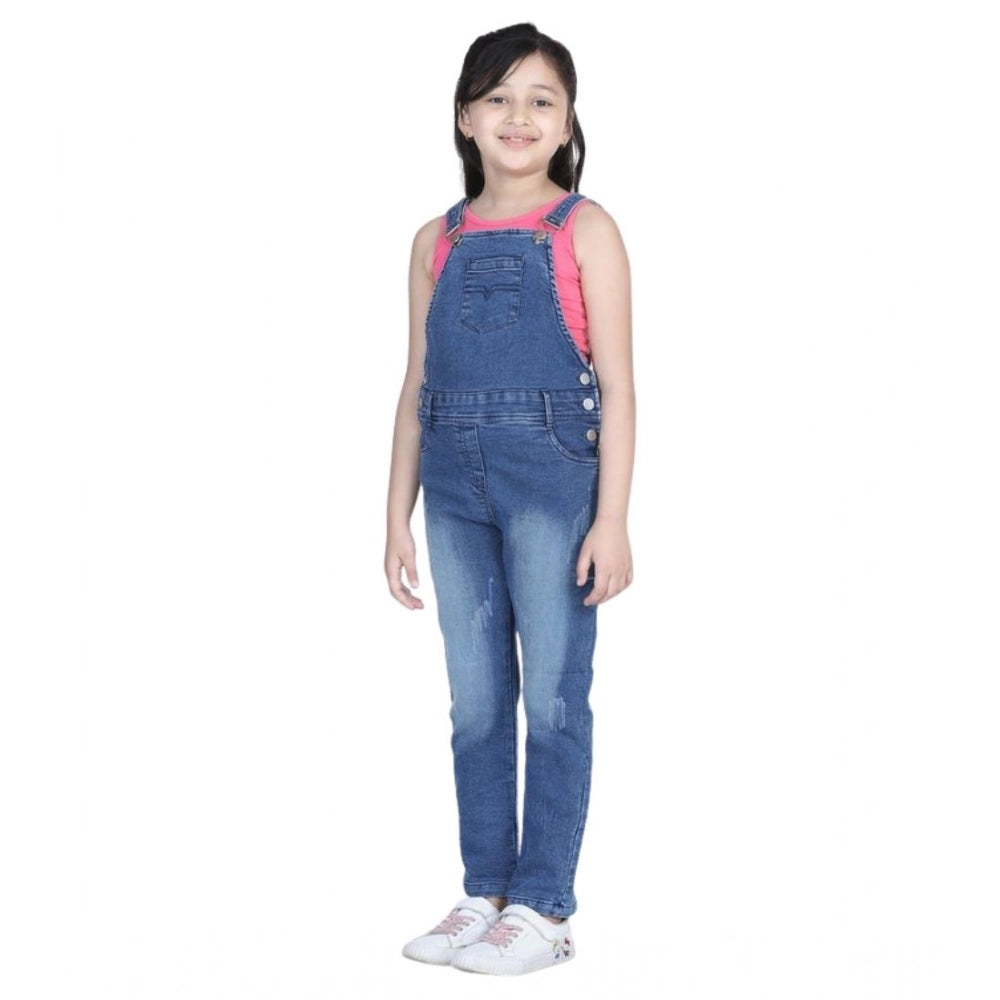 Girl's Denim Washed Buttoned Dungaree — Blue