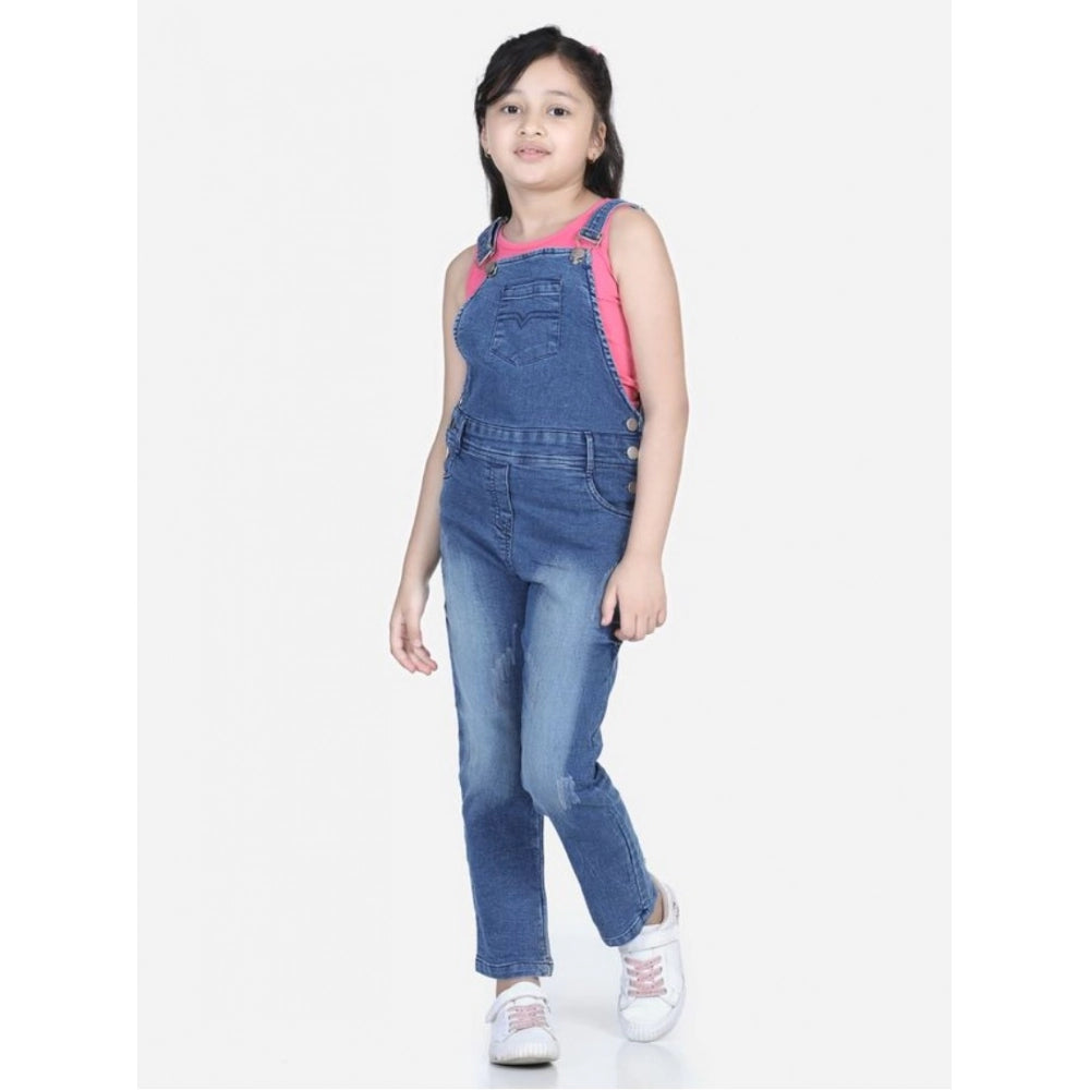 Girl's Denim Washed Buttoned Dungaree — Blue