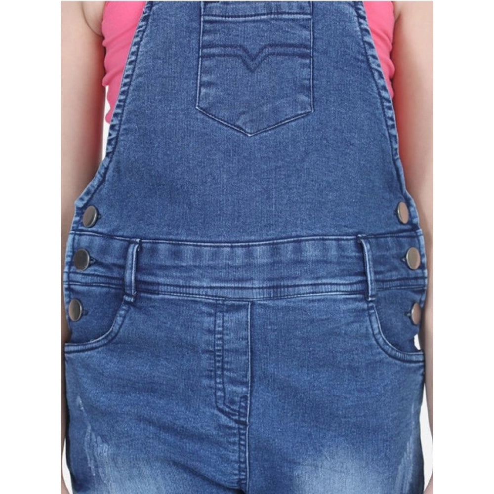 Girl's Denim Washed Buttoned Dungaree — Blue