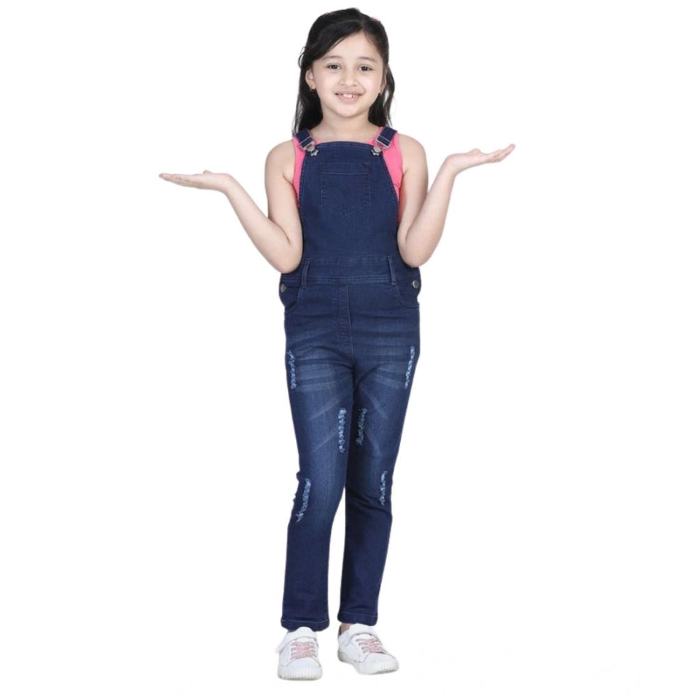Girl's Denim Distressed Buttoned Dungaree — Blue
