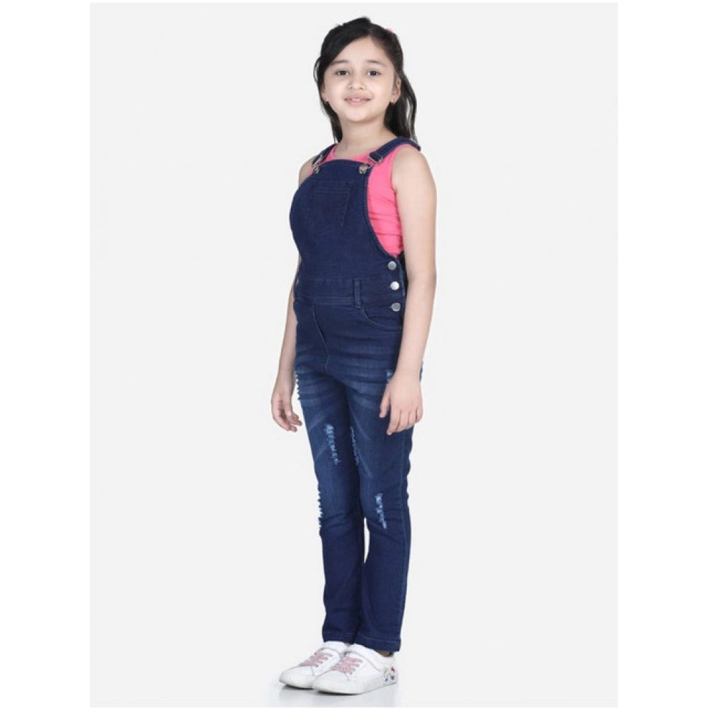 Girl's Denim Distressed Buttoned Dungaree — Blue